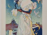 une vieille affiche représentant une femme en robe blanche tenant un oiseau