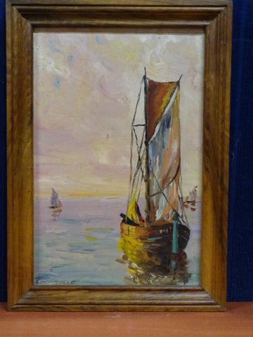 MONTARLOT (20ème) « Voilier au soleil couchant ». Huile sur toile...