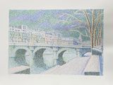 tableau représentant un pont enjambant un cours d'eau, avec de la neige au sol