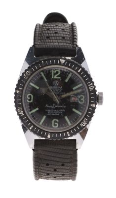 an image of a wrist watch with a black dial and black leather strap