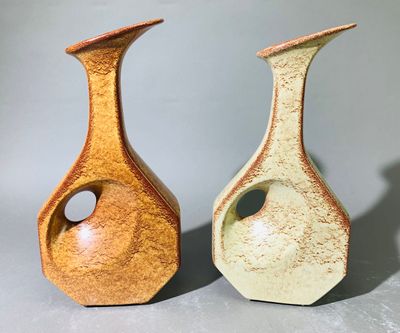 deux vases posés l'un à côté de l'autre sur une table