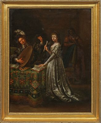 un tableau représentant une femme jouant d'un instrument de musique devant un homme