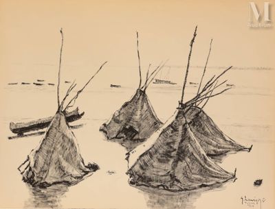 dessin représentant un groupe de tipis dans l'eau, avec un bateau en arrière-plan