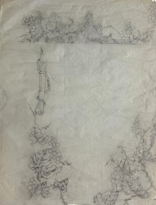 dessin représentant une bordure composée de fleurs et de vignes sur une feuille de papier