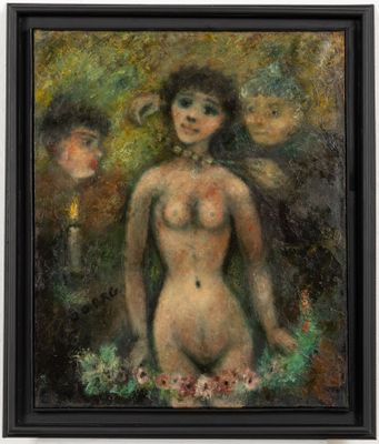 an image of a painting of a nude woman with a man in the background