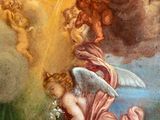 an image of a painting of angels in the sky above a woman