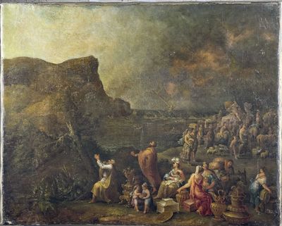 tableau représentant un groupe de personnes dans un paysage montagneux