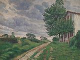 painting of a country road with a house in the distance