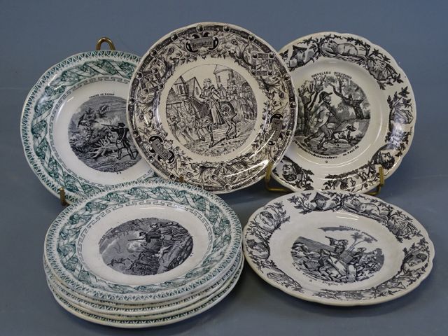 Ensemble de 9 assiettes parlantes en faïence, 6 sur la chasse, 2 ...