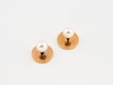 a pair of gold and pearl stud earrings on a white background
