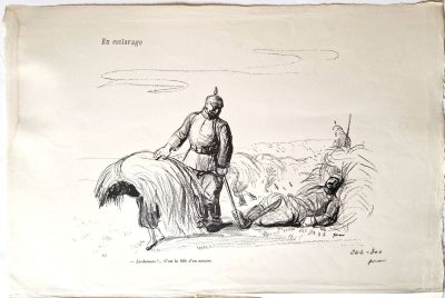 dessin représentant un homme assis à cheval à côté d'un homme allongé par terre