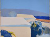 une image représentant un tableau représentant une scène de plage, dans des tons de bleu et de jaune