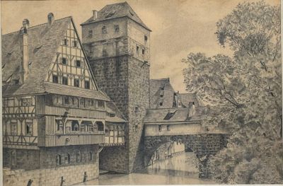 a drawing of a castle with a bridge over a river