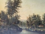 a painting of a river with a boat in it