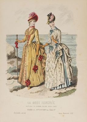 une illustration ancienne représentant deux femmes debout sur une plage