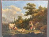 painting of a woman and two cows in a landscape with a shepherd