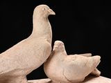 two birds that are sitting on a stone block