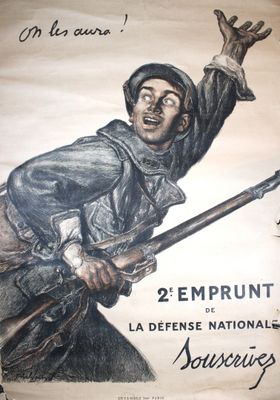 tableau représentant un homme tenant un fusil et faisant un signe de la main