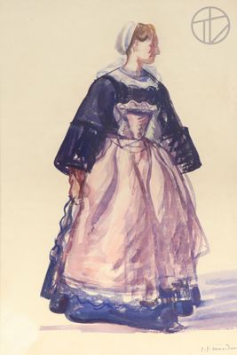painting of a woman in a blue and pink dress with a white hat