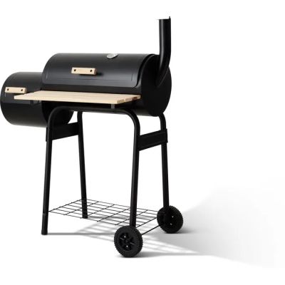 a black bbq grill on wheels with a wooden top