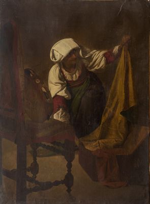 an old painting of a woman sitting on a chair holding a yellow cloth