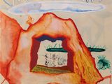 an image of a drawing of a cave with a boat in the background