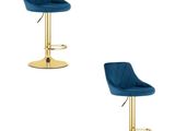 paire de tabourets de bar en velours bleu avec un piètement doré