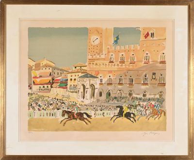 tableau représentant une course de chevaux devant un château, avec une foule de spectateurs