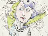 drawing of a woman with a bird on her head and a snake on her shoulder