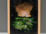 une peinture à l'huile représentant un champ où des personnes se promènent