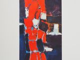 une peinture représentant une œuvre abstraite rouge et bleue sur un mur blanc