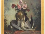un tableau représentant un oiseau et un vase de fleurs posé sur une table