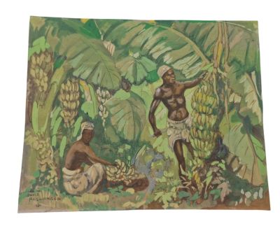 a painting of two men picking bananas from a tree