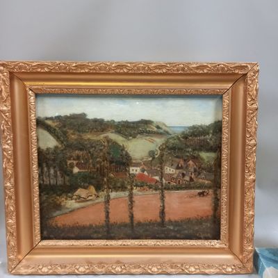 peinture à l'huile d'une scène de ferme dans un cadre doré