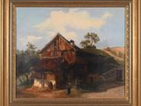 une peinture à l'huile représentant une grange devant laquelle se tient un homme