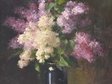 painting of purple and white lilas in a black vase on a table