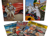 trois livres sur fond blanc, avec l'image d'un homme à moto et d'un homme à moto