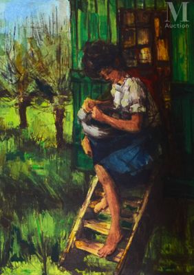 une peinture à l'huile représentant une femme assise sur une échelle dans un champ