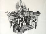 drawing of a black and white picture of a city with a clock tower