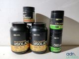 three bottles of whey and one container of whey and one container of whey