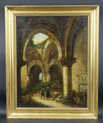une peinture représentant une peinture montrant des personnes dans un vieux bâtiment