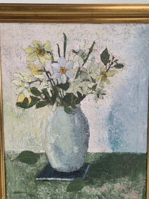 a painting of flowers in a vase on a table
