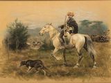 painting of a man on a horse with a dog in a field