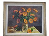 tableau représentant des fleurs dans un vase posé sur une table, sur fond marron