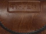 brown leather camera case with the word tiffany on it