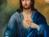 painting of jesus holding the sacred heart of jesus surrounded by angels