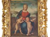 an old painting of a woman holding a child in her lap