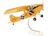 yellow toy airplane with a woman sitting in the cockpit on a white base