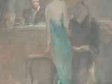 tableau représentant une femme en robe bleue debout devant un miroir