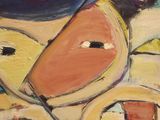 abstract painting of a man with a hat and sunglasses holding a plate of food